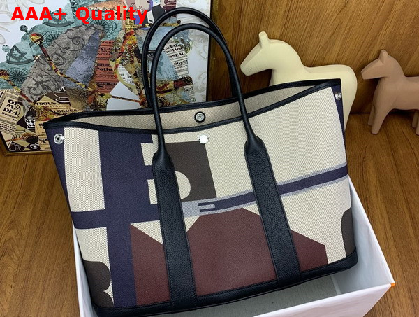 Hermes Garden Party 36 Bag in H Plume Hermes Pacific Canvas and Negonda Calfskin Bleu Indigo Ecru Beige Noir Replica