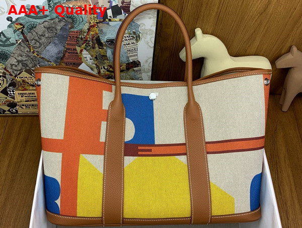 Hermes Garden Party 36 Bag in H Plume Hermes Pacific Canvas and Negonda Calfskin Capucine Ecru Beige Gold Replica