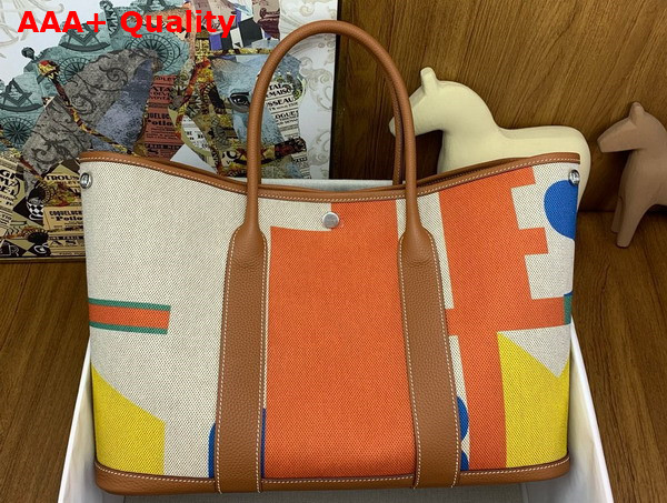 Hermes Garden Party 36 Bag in H Plume Hermes Pacific Canvas and Negonda Calfskin Capucine Ecru Beige Gold Replica