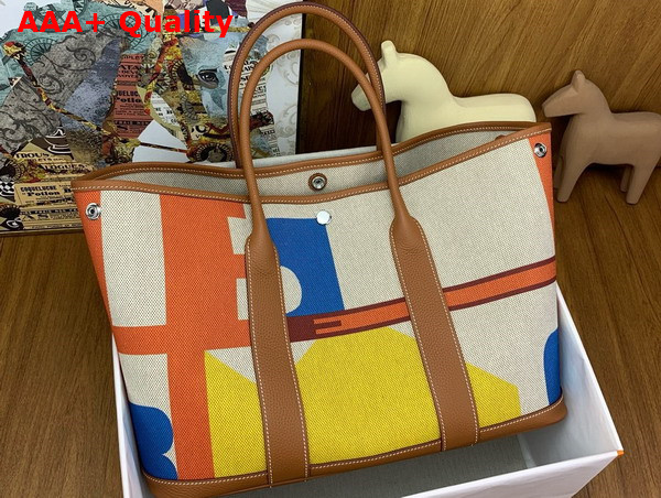 Hermes Garden Party 36 Bag in H Plume Hermes Pacific Canvas and Negonda Calfskin Capucine Ecru Beige Gold Replica