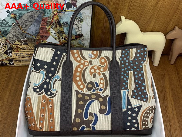 Hermes Garden Party 36 Bag in Printed Canvas and Negonda Calfskin Chocolate Multicolor Replica