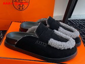 Hermes Go Mule Noir Anthracite Suede Goatskin and Shearling with Iconic H Cut Out Details Replica