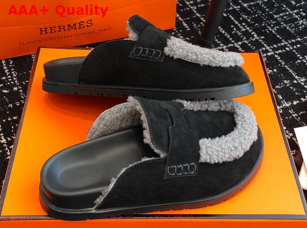 Hermes Go Mule Noir Anthracite Suede Goatskin and Shearling with Iconic H Cut Out Details Replica