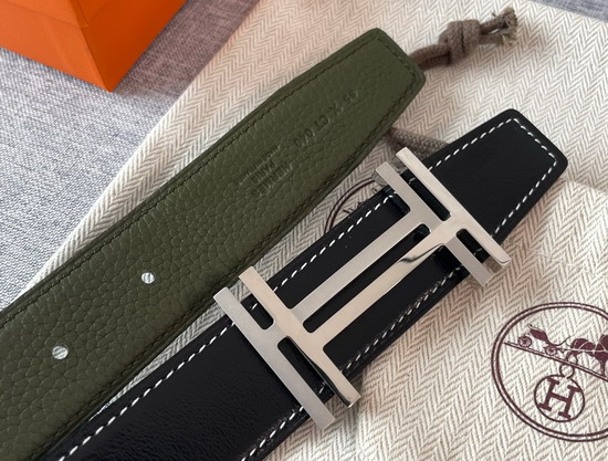 Hermes H Au Carre Belt Buckle Reversible Leather Strap 32mm Graphite Vert De Gris Replica