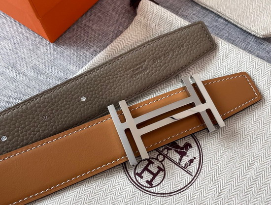 Hermes H Au Carre Belt Buckle Reversible Leather Strap 32mm Gris Etain Orange Replica