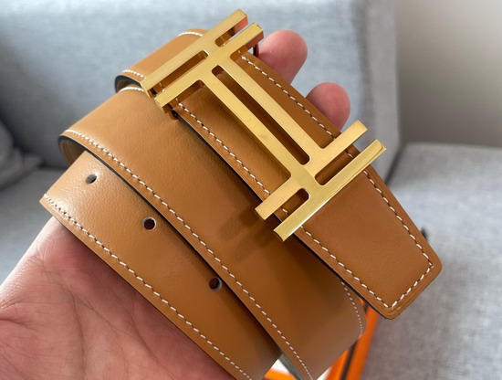 Hermes H Au Carre Belt Buckle Reversible Leather Strap 32mm Gris Etain Orange Replica