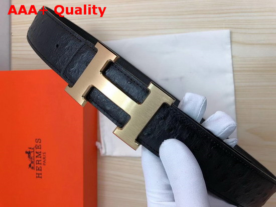 Hermes H Belt Buckle Reversible Leather Strap 38mm Black Ostrich Gold Belt Buckle Replica