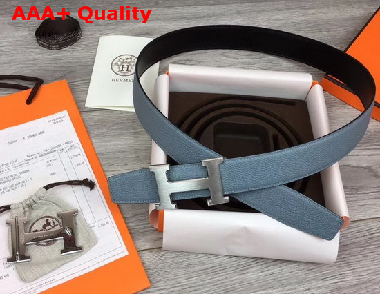 Hermes H Belt Buckle Reversible Leather Strap 38mm in Black and Light Blue 135 and Togo Calfskin Replica