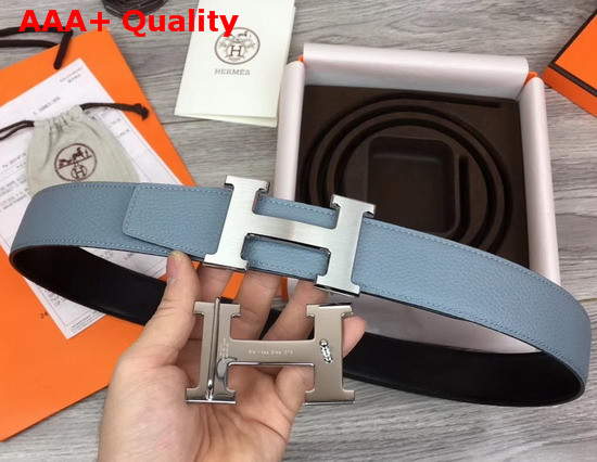 Hermes H Belt Buckle Reversible Leather Strap 38mm in Black and Light Blue 135 and Togo Calfskin Replica