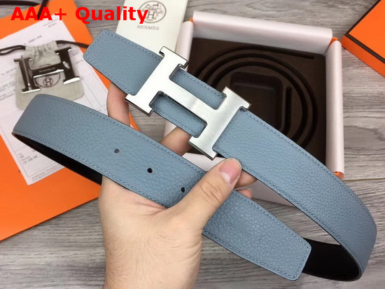 Hermes H Belt Buckle Reversible Leather Strap 38mm in Black and Light Blue 135 and Togo Calfskin Replica