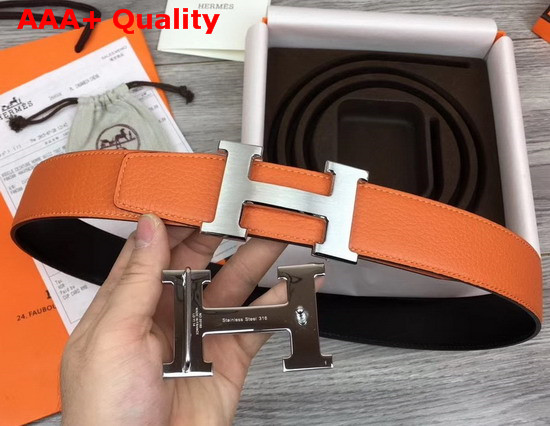 Hermes H Belt Buckle Reversible Leather Strap 38mm in Black and Orange 135 and Togo Calfskin Replica