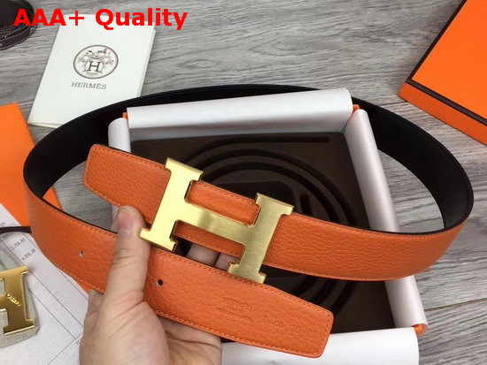 Hermes H Belt Buckle Reversible Leather Strap 38mm in Black and Orange 135 and Togo Calfskin Replica