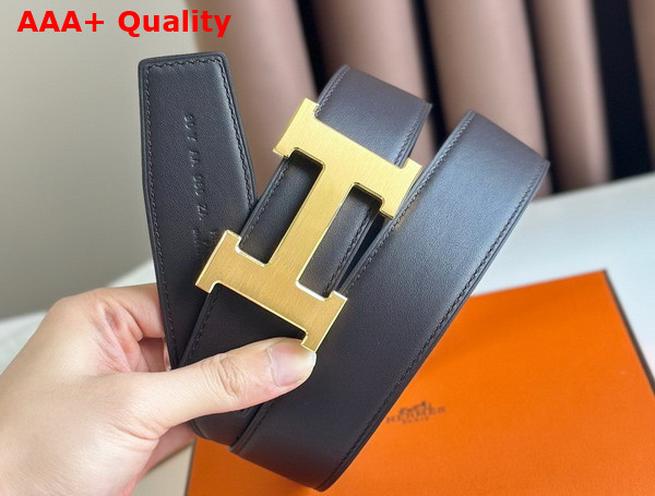 Hermes H Guillochee Belt Buckle Reversible Leather Strap 38mm Black and Chocolate Box Calfskin Replica