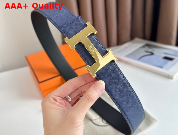 Hermes H Guillochee Belt Buckle Reversible Leather Strap 38mm Blue Epsom Calfskin Replica