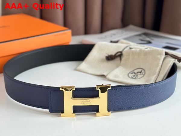 Hermes H Guillochee Belt Buckle Reversible Leather Strap 38mm Blue Epsom Calfskin Replica