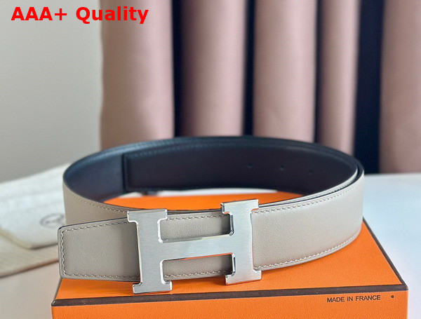 Hermes H Guillochee Belt Buckle Reversible Leather Strap 38mm Light Grey and Black Box Calfskin Replica