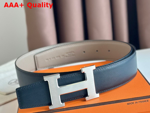 Hermes H Guillochee Belt Buckle Reversible Leather Strap 38mm Light Grey and Black Box Calfskin Replica