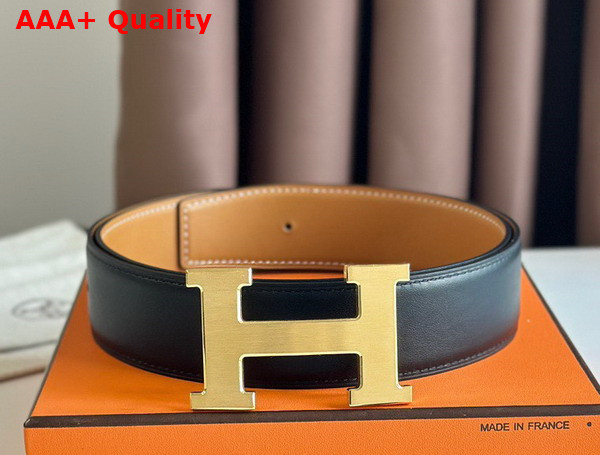 Hermes H Guillochee Belt Buckle Reversible Leather Strap 38mm Tan and Black Box Calfskin Replica