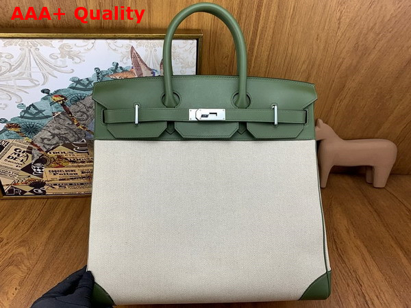 Hermes Hac Birkin 40 Handbag in Beige Canvas and Green Swift Calfskin Replica