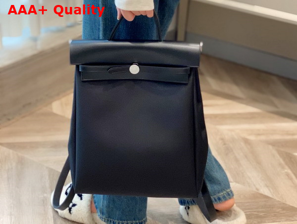 Hermes Herbag A Dos Zip Backpack in Black Canvas and Calfskin Replica