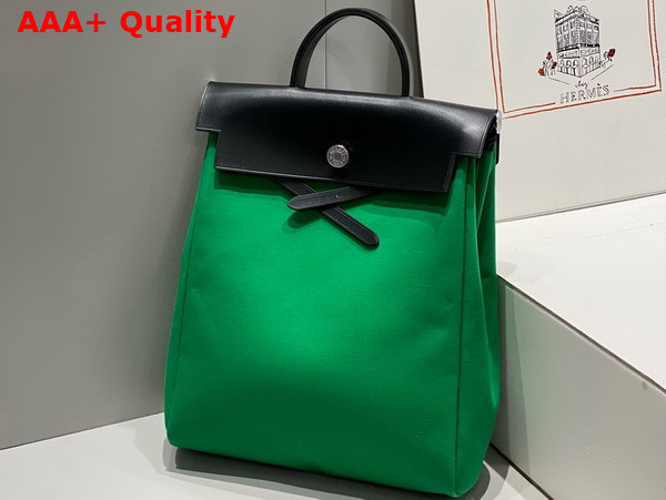 Hermes Herbag A Dos Zip Backpack in Green Canvas and Black Calfskin Replica