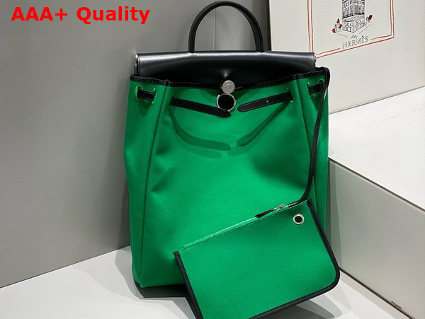 Hermes Herbag A Dos Zip Backpack in Green Canvas and Black Calfskin Replica