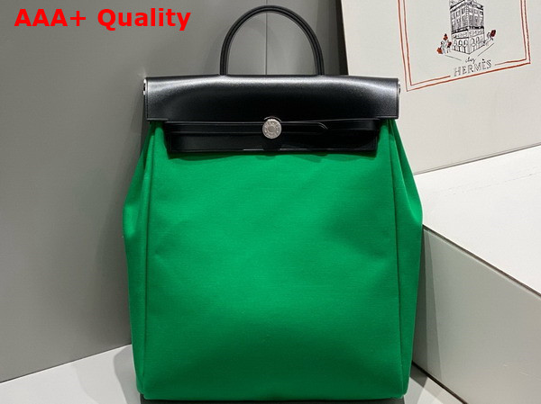 Hermes Herbag A Dos Zip Backpack in Green Canvas and Black Calfskin Replica