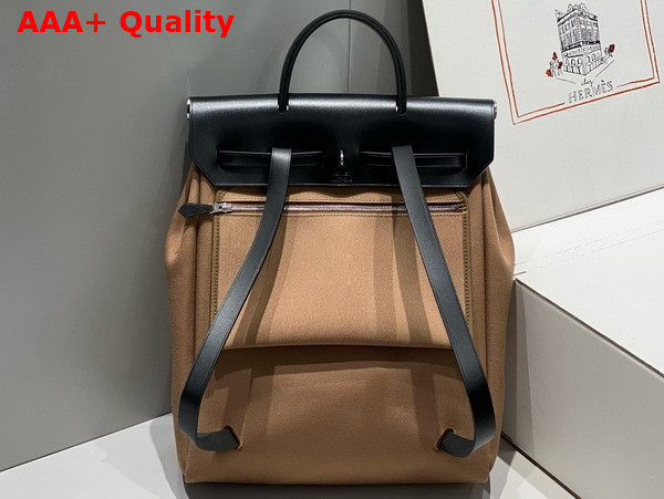 Hermes Herbag A Dos Zip Backpack in Light Brown Canvas and Black Calfskin Replica