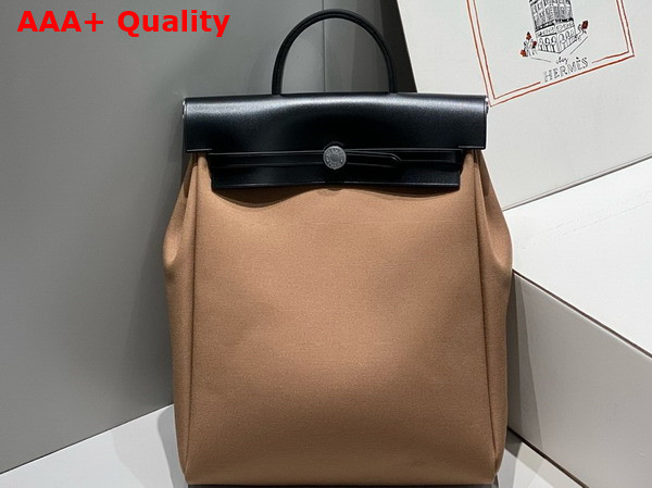 Hermes Herbag A Dos Zip Backpack in Light Brown Canvas and Black Calfskin Replica