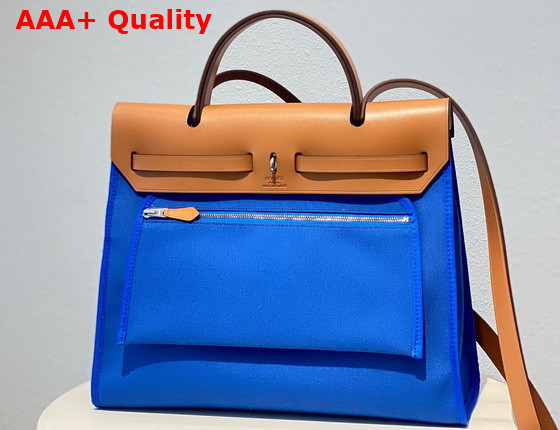 Hermes Herbag Zip 31 Bag in Bright Blue Canvas and Natural Cowhide Leather Replica