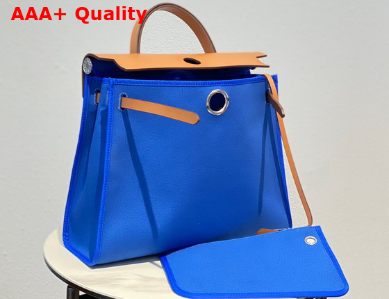 Hermes Herbag Zip 31 Bag in Bright Blue Canvas and Natural Cowhide Leather Replica