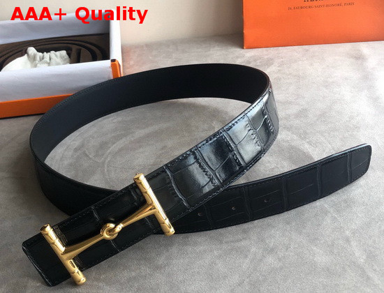 Hermes Hippique Belt Buckle and Leather Strap 38 mm Black Crocodile Leather Replica