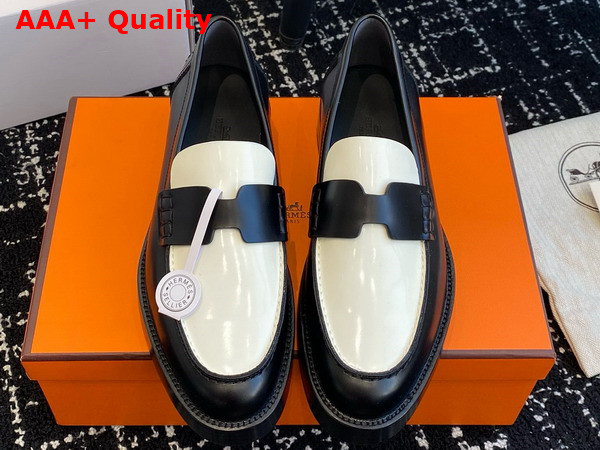 Hermes Hour Loafer in Glazed Calfskin with Iconic H Cut Out Detail Noir and Blanc Replica