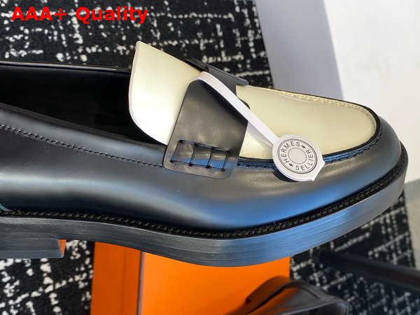 Hermes Hour Loafer in Glazed Calfskin with Iconic H Cut Out Detail Noir and Blanc Replica