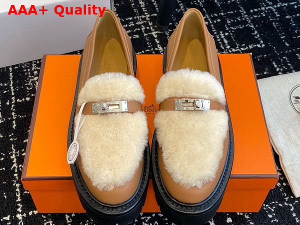 Hermes Icone Loafer in Calfskin and Shearling with Functional Kelly Buckle Naturel and Ecru Replica