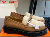 Hermes Icone Loafer in Calfskin and Shearling with Functional Kelly Buckle Naturel and Ecru Replica