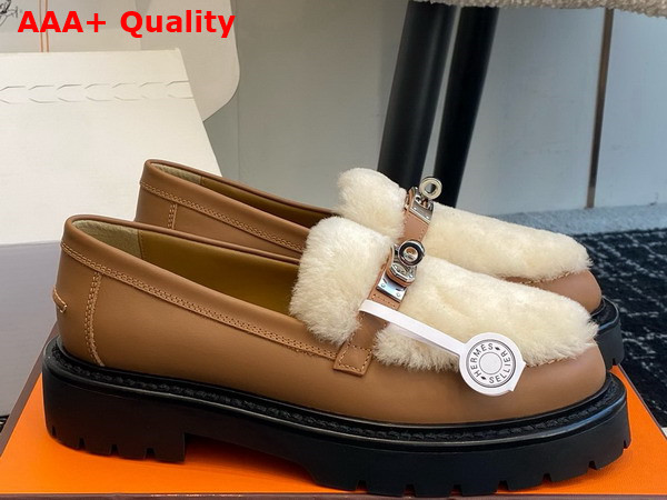 Hermes Icone Loafer in Calfskin and Shearling with Functional Kelly Buckle Naturel and Ecru Replica