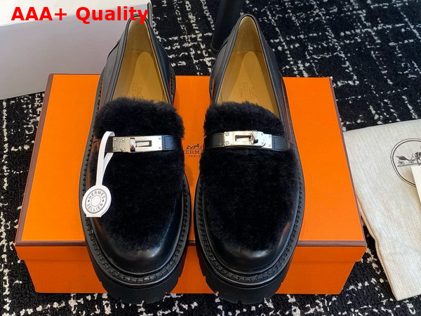 Hermes Icone Loafer in Noir Calfskin and Shearling with Functional Kelly Buckle Replica