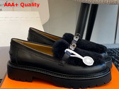 Hermes Icone Loafer in Noir Calfskin and Shearling with Functional Kelly Buckle Replica