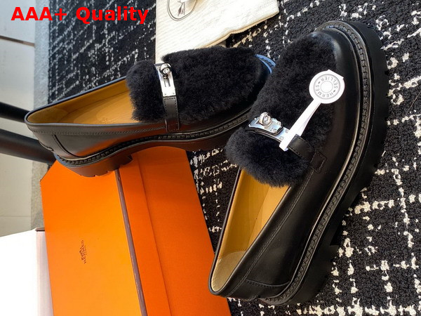 Hermes Icone Loafer in Noir Calfskin and Shearling with Functional Kelly Buckle Replica