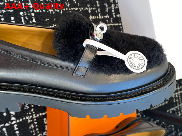 Hermes Icone Loafer in Noir Calfskin and Shearling with Functional Kelly Buckle Replica