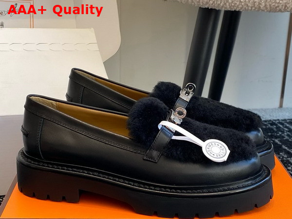 Hermes Icone Loafer in Noir Calfskin and Shearling with Functional Kelly Buckle Replica