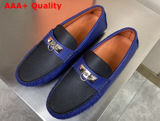 Hermes Irving Loafer in Epsom Calfskin with Ruthenium Pleated Mini Dog Hardware Blue Black Replica