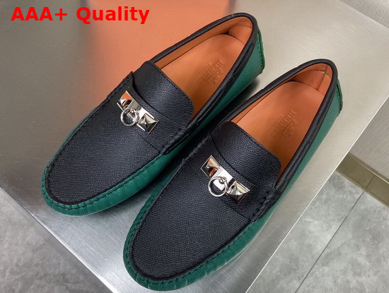 Hermes Irving Loafer in Epsom Calfskin with Ruthenium Pleated Mini Dog Hardware Green Black Replica