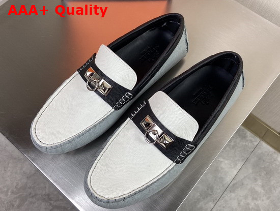 Hermes Irving Loafer in Epsom Calfskin with Ruthenium Pleated Mini Dog Hardware Light Blue White Replica