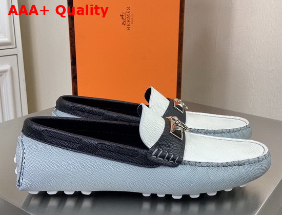 Hermes Irving Loafer in Epsom Calfskin with Ruthenium Pleated Mini Dog Hardware Light Blue White Replica