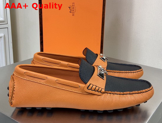 Hermes Irving Loafer in Epsom Calfskin with Ruthenium Pleated Mini Dog Hardware Orange Black Replica