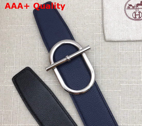 Hermes Ithaque Belt Buckle Reversible Leather Strap 38mm Noir Bleu Nuit Replica