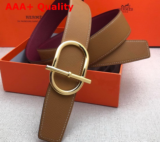 Hermes Ithaque Belt Buckle Reversible Leather Strap 38mm Tan Burgundy Replica