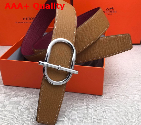 Hermes Ithaque Belt Buckle Reversible Leather Strap 38mm Tan Burgundy Replica